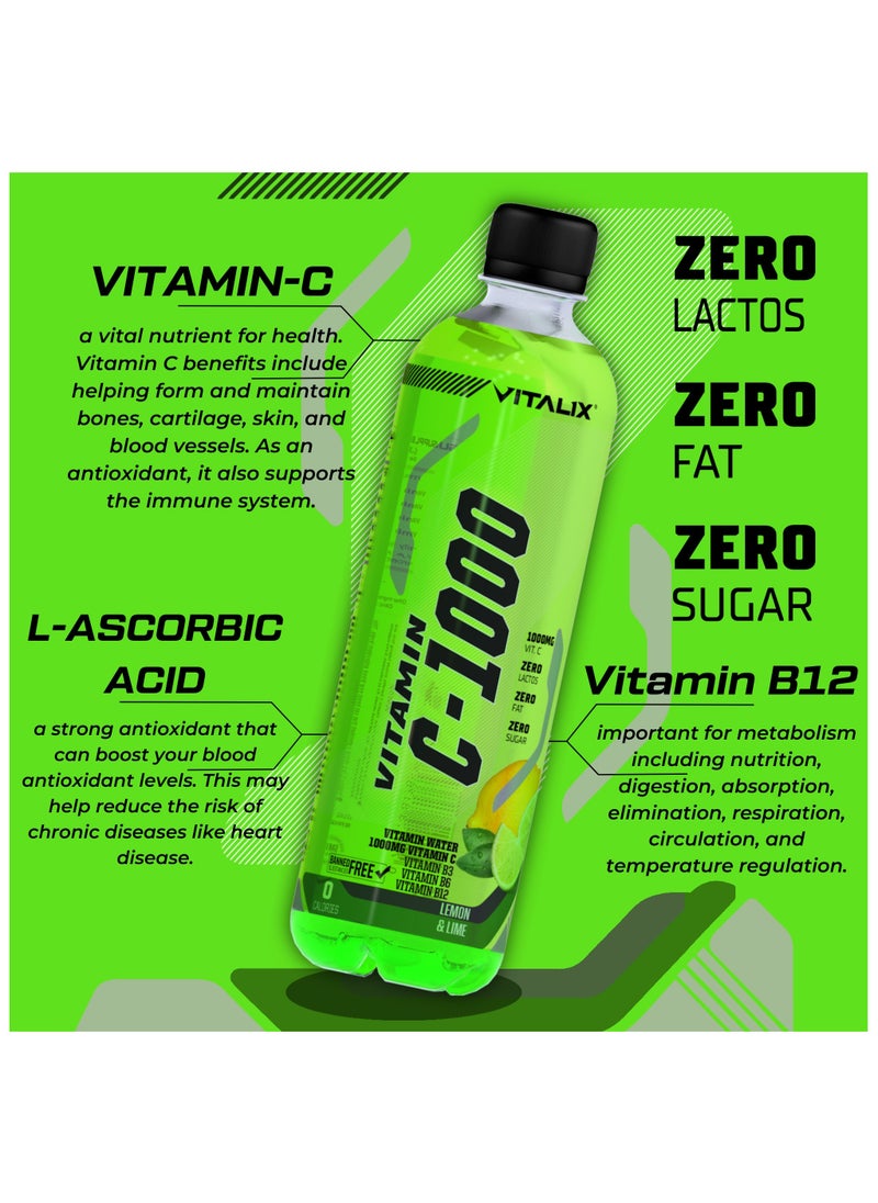 Vitamin C-1000 Lemon & Lime – High Vitamin C with 1000mg, Zero Lactose, Zero Fat, Sugar Free, Zero Calories, Enriched with B Vitamins 500ml Pack of 12