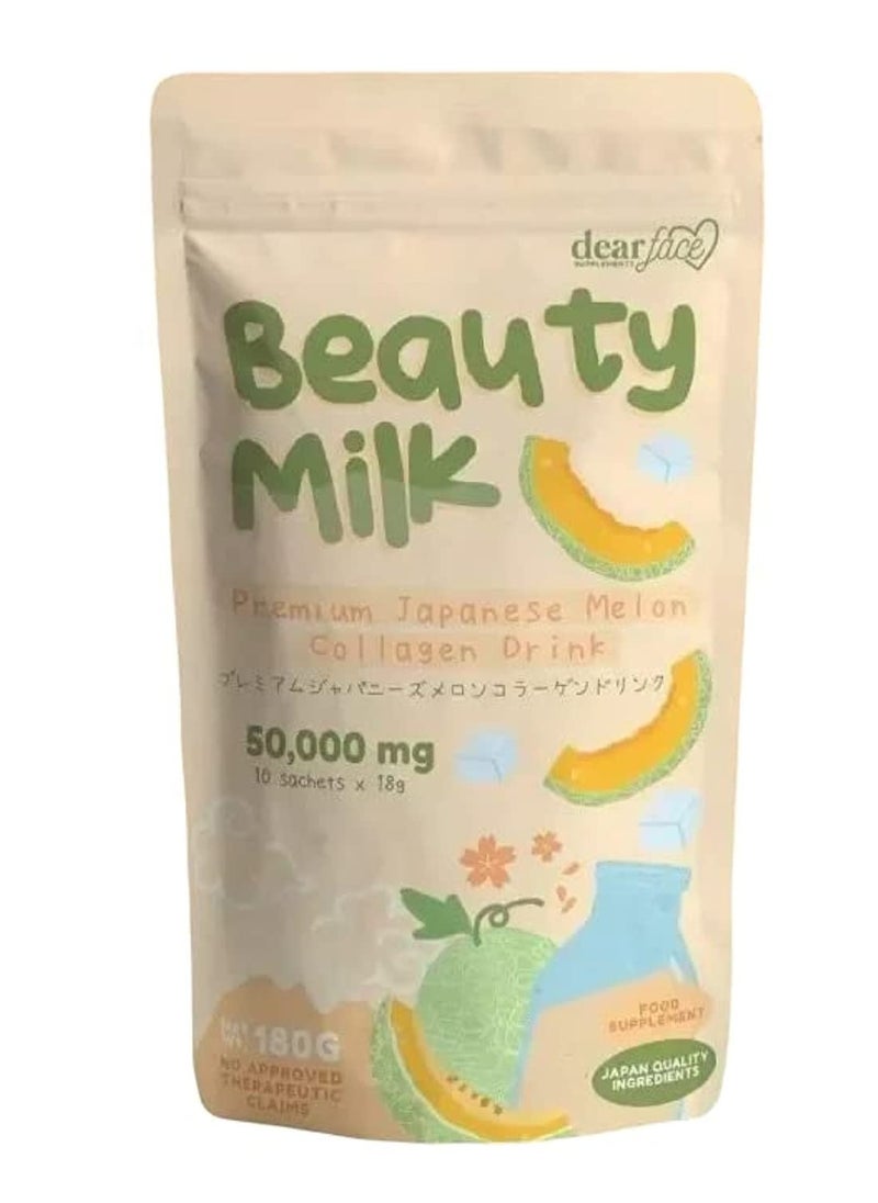 Dear Face Beauty Milk – Skin Whitening & Anti-Aging Japanese Melon Collagen Drink (50,000mg, 180g | 10 Sachets × 18g)