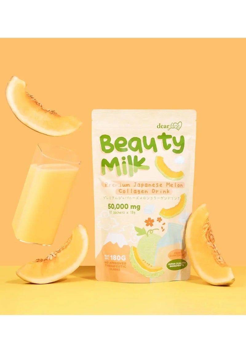 Dear Face Beauty Milk – Skin Whitening & Anti-Aging Japanese Melon Collagen Drink (50,000mg, 180g | 10 Sachets × 18g)