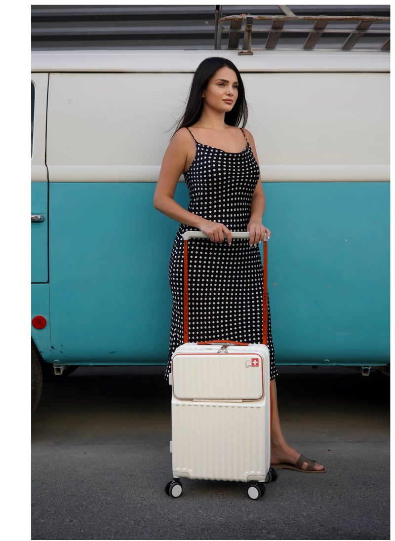 SWISSCASE 20 Inch Hardside Carry-On Luggage, Built-In TSA Lock, Cup Holder, USB Port, Wheels, SY0016 White