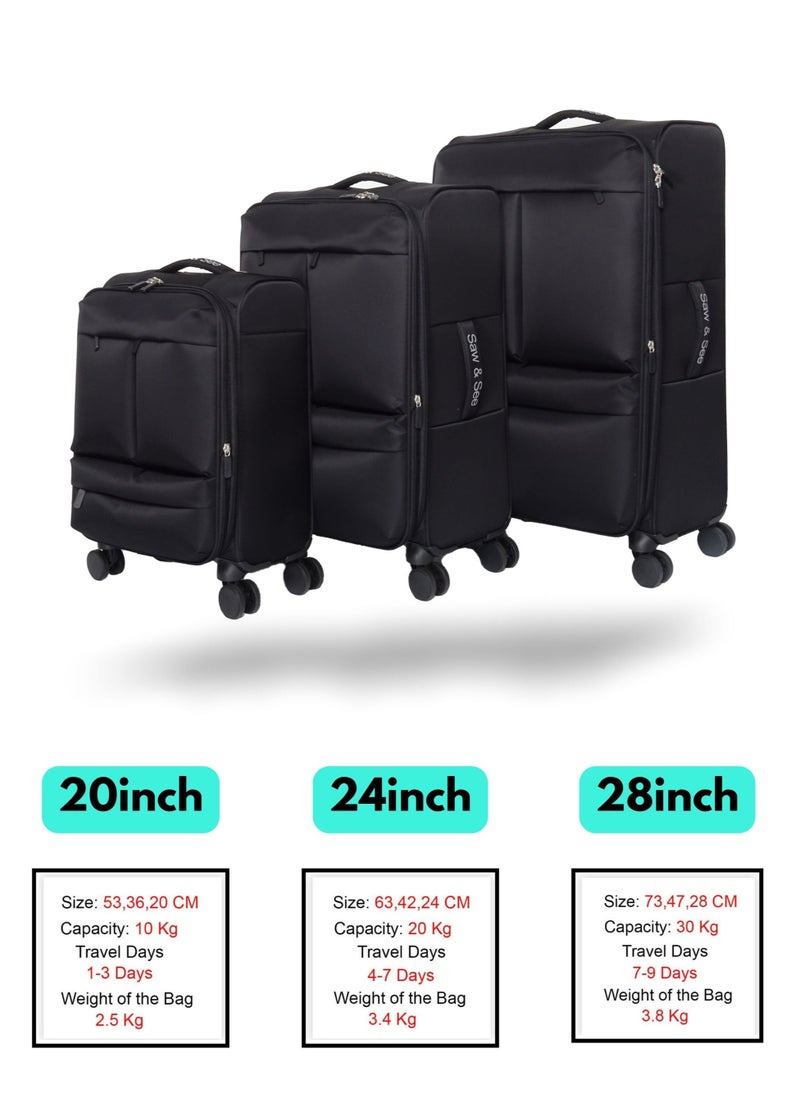 Luggage Trolley Bag 3 Piece Set - Soft side Expandable Nylon Ultra Lightweight Durable Waterproof Suitcase with TSA Lock, 4 Double Spinner Wheels & Anti-Theft Zipper - 20