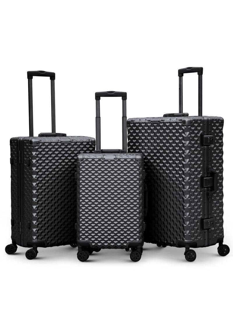 Aluminum Luggage 3D Design 3PC SET Unbreakable Fashion Travel Trolley Suitcase, Polycarbonate Hard Shell Suitcase with 360° Double Spinner Wheels