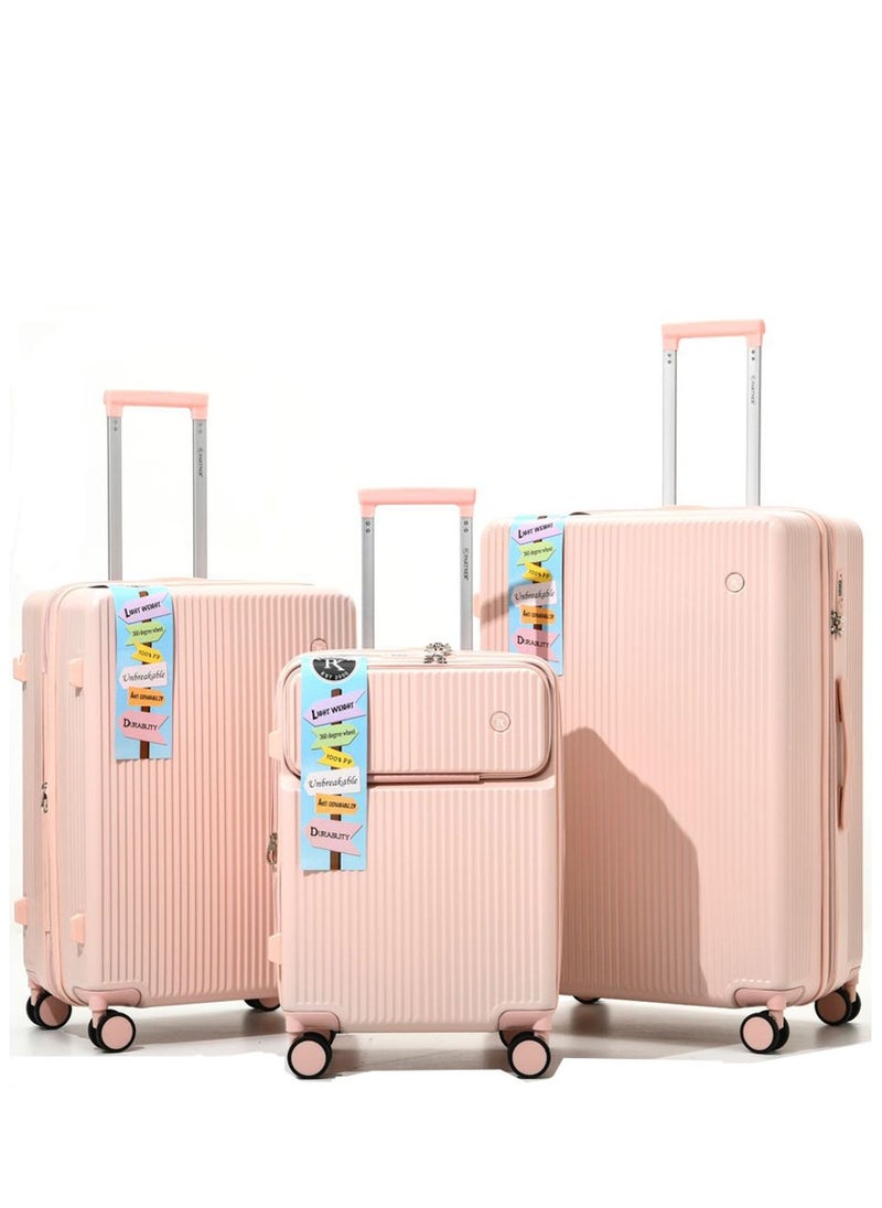 3 PCS TROLLEY LUGGAGE FRONT OPEN POLY CARBON MATERIAL, LUGGAGE SUITCASE SET AND CABIN LUGGAGE BAG SET ROSE GOLD COLOUR