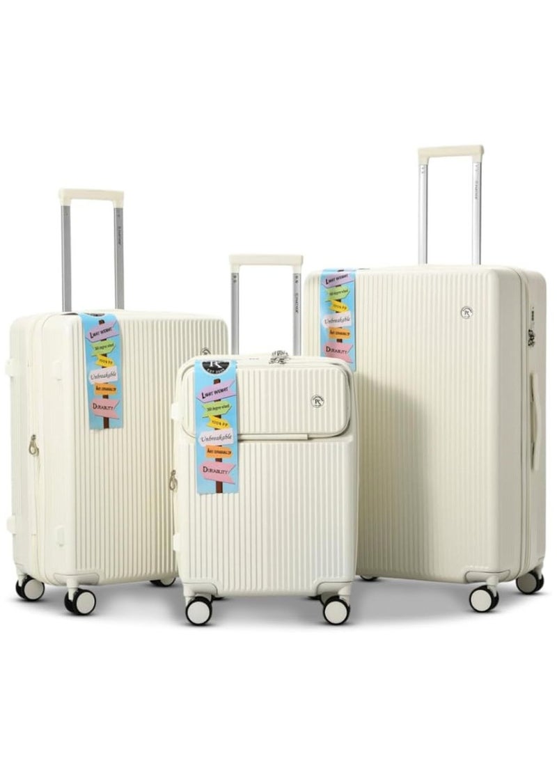 3 PCS TROLLEY LUGGAGE FRONT OPEN POLY CARBON MATERIAL, LUGGAGE SUITCASE SET AND CABIN LUGGAGE BAG SET WHITE COLOUR