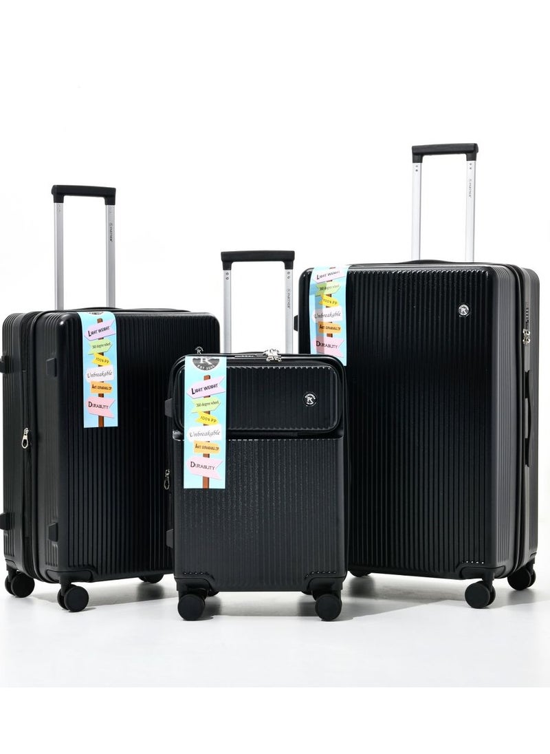 3 PCS TROLLEY LUGGAGE FRONT OPEN POLY CARBON MATERIAL, LUGGAGE SUITCASE SET AND CABIN LUGGAGE BAG SET BLACK COLOUR