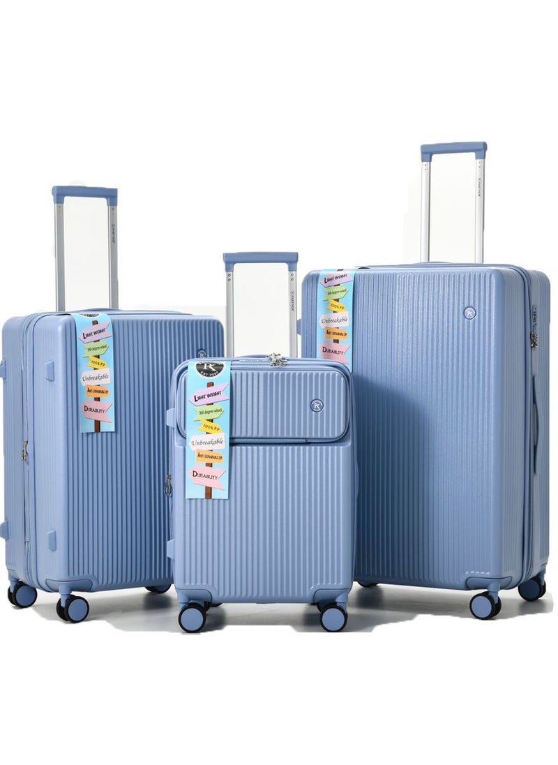 3 PCS TROLLEY LUGGAGE FRONT OPEN POLY CARBON MATERIAL, LUGGAGE SUITCASE SET AND CABIN LUGGAGE BAG SET BLUE COLOUR