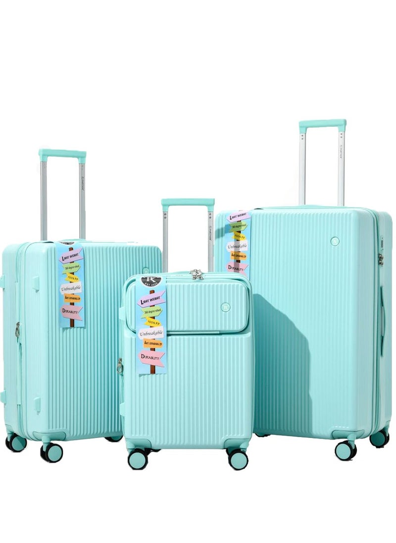 3 PCS TROLLEY LUGGAGE FRONT OPEN POLY CARBON MATERIAL, LUGGAGE SUITCASE SET AND CABIN LUGGAGE BAG SET LIGHT GREEN COLOUR