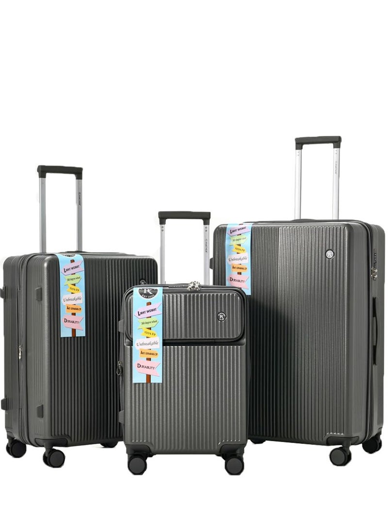 3 PCS TROLLEY LUGGAGE FRONT OPEN POLY CARBON MATERIAL, LUGGAGE SUITCASE SET AND CABIN LUGGAGE BAG SET GREY COLOUR