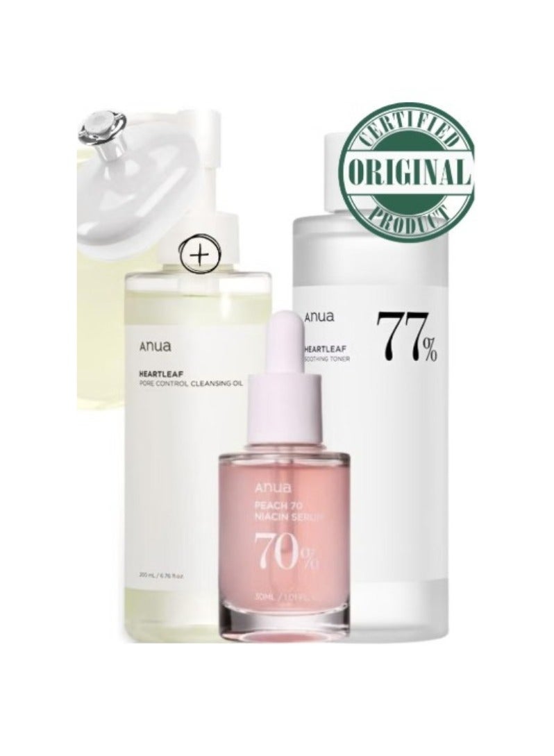 Heartleaf Pore Care and Brightening Skincare Set - Pore Control Cleansing Oil - 77 Soothing Toner - and Peach 70% Niacinamide Serum for Clear - Radiant Skin - Face Scrubber - 480 mlml