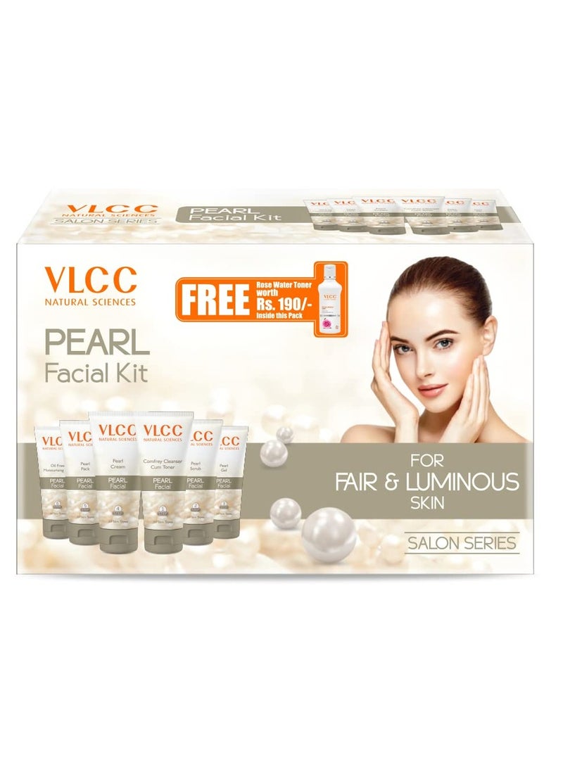 VLCC Pearl Facial Kit with FREE Rose Water Toner - 300g + 100ml | Luminous and Radiant Skin | At Home Facial with Pearl Extracts, Sandalwood, Turmeric & Aloe Vera | Tan Removal Facial Kit.