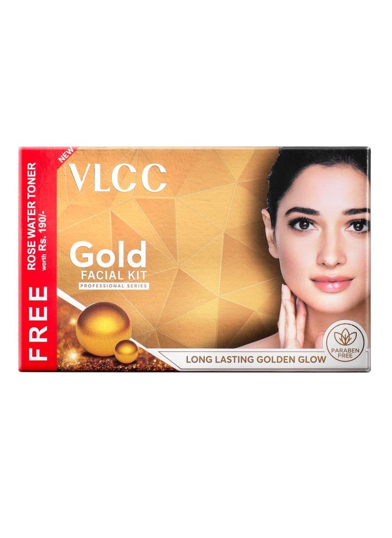 VLCC Gold Facial Kit with FREE Rose Water Toner - 300g + 100ml | 24K Colloidal Gold And Aloe Vera At Home Facial Kit | Bright & Radiant Complexion, Skin Cell Regeneration | Instant Glow Facial.