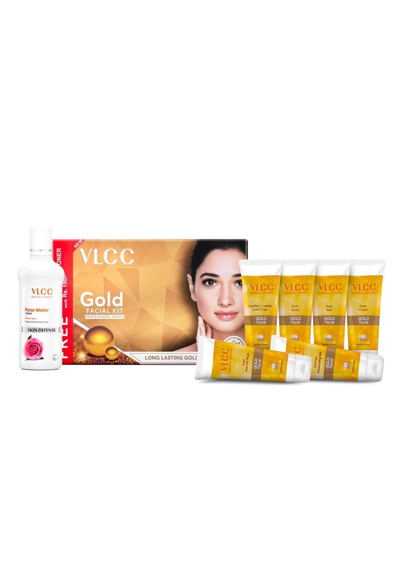 VLCC Gold Facial Kit with FREE Rose Water Toner - 300g + 100ml | 24K Colloidal Gold And Aloe Vera At Home Facial Kit | Bright & Radiant Complexion, Skin Cell Regeneration | Instant Glow Facial.