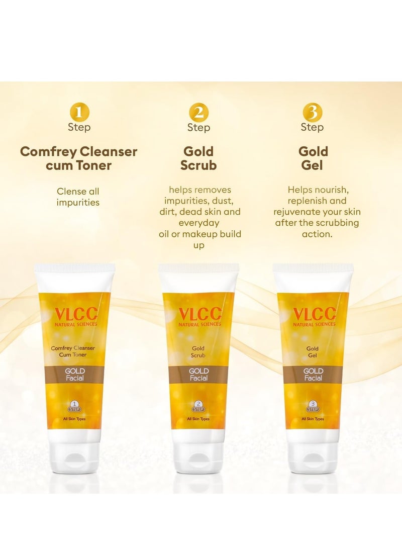 VLCC Gold Facial Kit with FREE Rose Water Toner - 300g + 100ml | 24K Colloidal Gold And Aloe Vera At Home Facial Kit | Bright & Radiant Complexion, Skin Cell Regeneration | Instant Glow Facial.