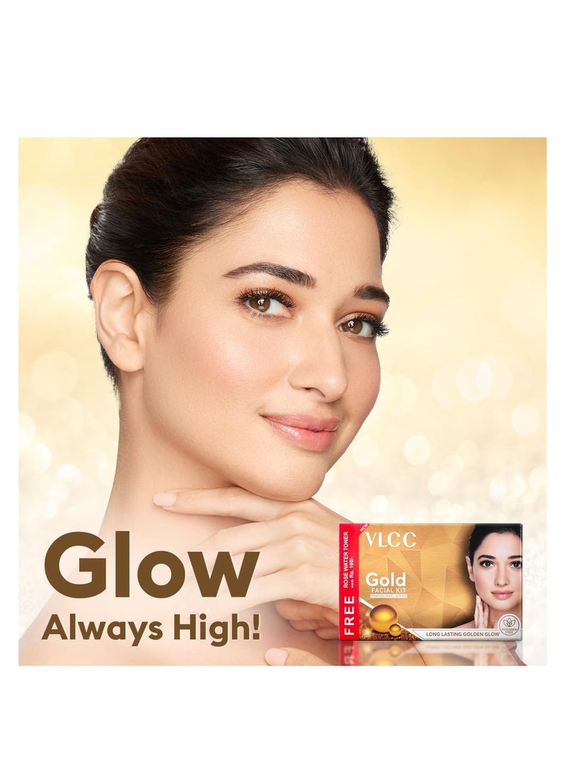 VLCC Gold Facial Kit with FREE Rose Water Toner - 300g + 100ml | 24K Colloidal Gold And Aloe Vera At Home Facial Kit | Bright & Radiant Complexion, Skin Cell Regeneration | Instant Glow Facial.