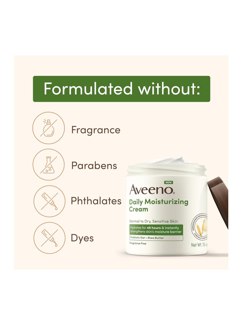 Aveeno Daily Moisturizing Cream with Prebiotic Oat & Shea Butter, Body, Face & Hand Cream for Normal to Dry, Sensitive Skin Hydrates for 48 Hours, Fragrance Free & Non-Comedogenic, 20 Oz