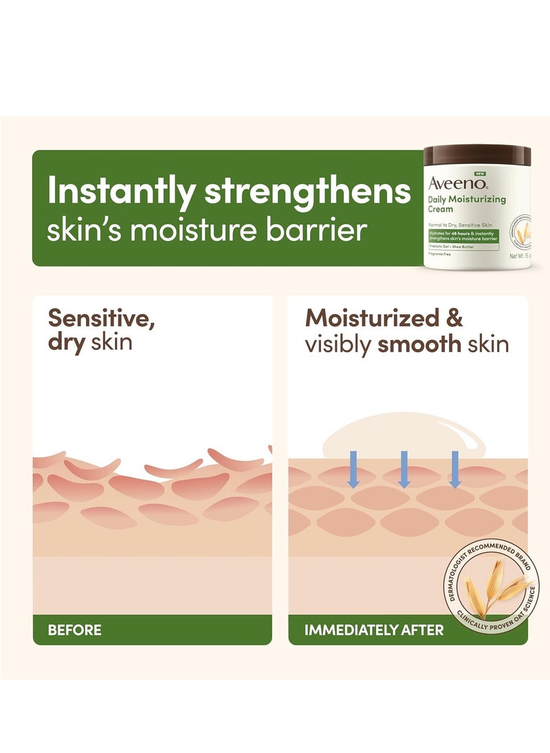 Aveeno Daily Moisturizing Cream with Prebiotic Oat & Shea Butter, Body, Face & Hand Cream for Normal to Dry, Sensitive Skin Hydrates for 48 Hours, Fragrance Free & Non-Comedogenic, 20 Oz