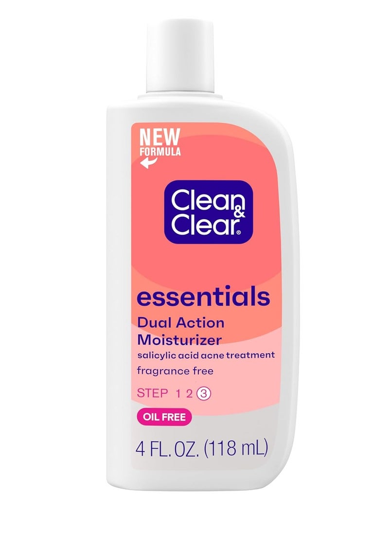 Clean & Clear Essentials Dual Action Oil-Free Facial Moisturizer, Salicylic Acid Acne Treatment with Pro-Vitamin B5 Moisturizes While Treating Acne & Helping to Prevent Pimples, 4 fl. Oz (Pack of 3)