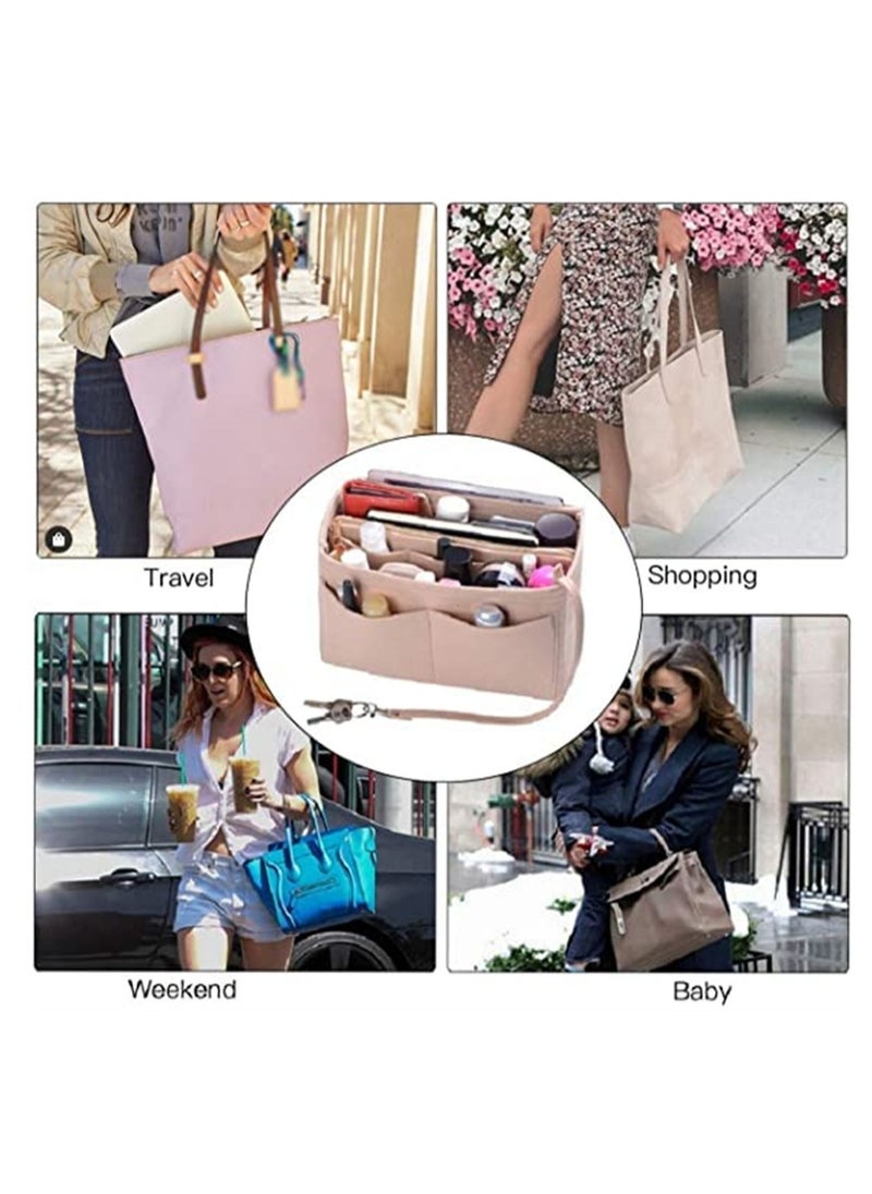 Portable Handbag Organizer Insert Tote Bag Shaper with Zippers Felt Purse Organizer for Speedy Neverfull and More Beige