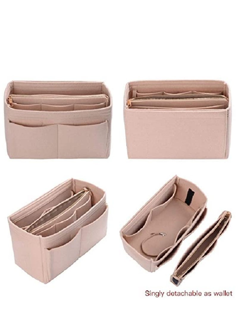 Portable Handbag Organizer Insert Tote Bag Shaper with Zippers Felt Purse Organizer for Speedy Neverfull and More Beige