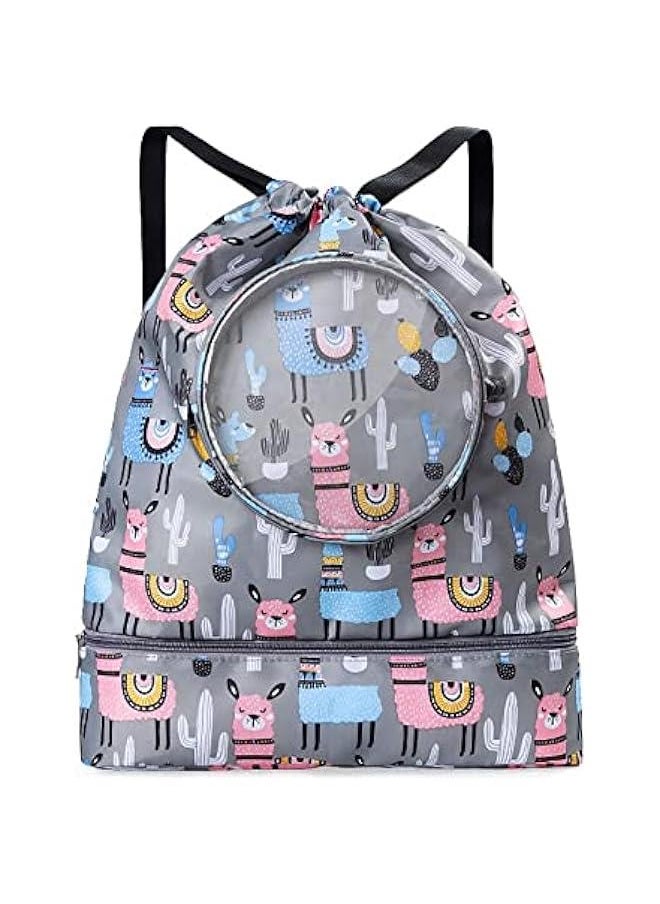 Waterproof Drawstring Backpack with Shoe Compartment for Kids, Grey Sports Gym Bag for Girls and Boys