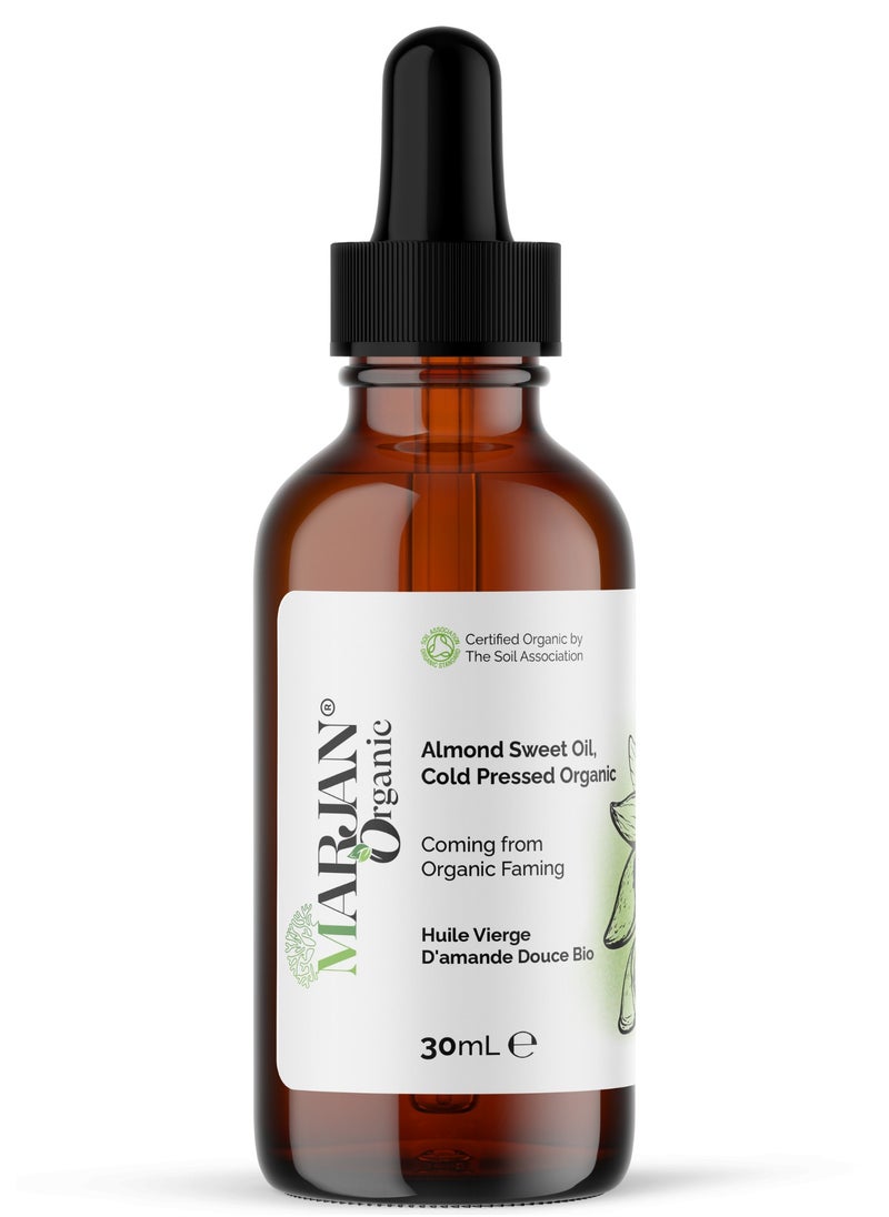 Sweet Almond Oil 30ml - Certified Organic - 100% Pure & Natural - Cold Pressed Unrefined - For Skin, Hair, Face, Body Oil After Shower - Carrier Oil for Essential Oils Mixing