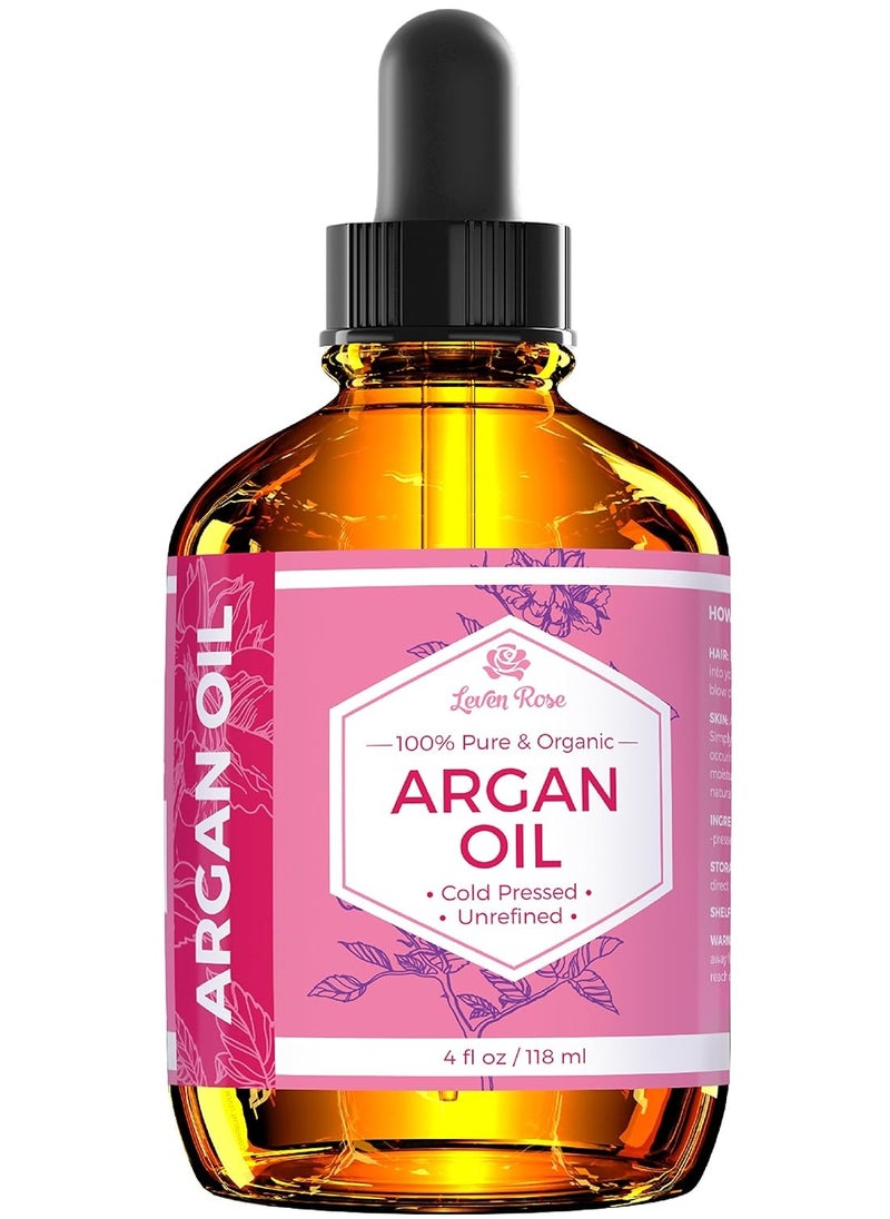 Leven Rose Argan Oil for Face, Hair and Skin - 4 oz 100% Pure Moroccan Cold-Pressed Organic