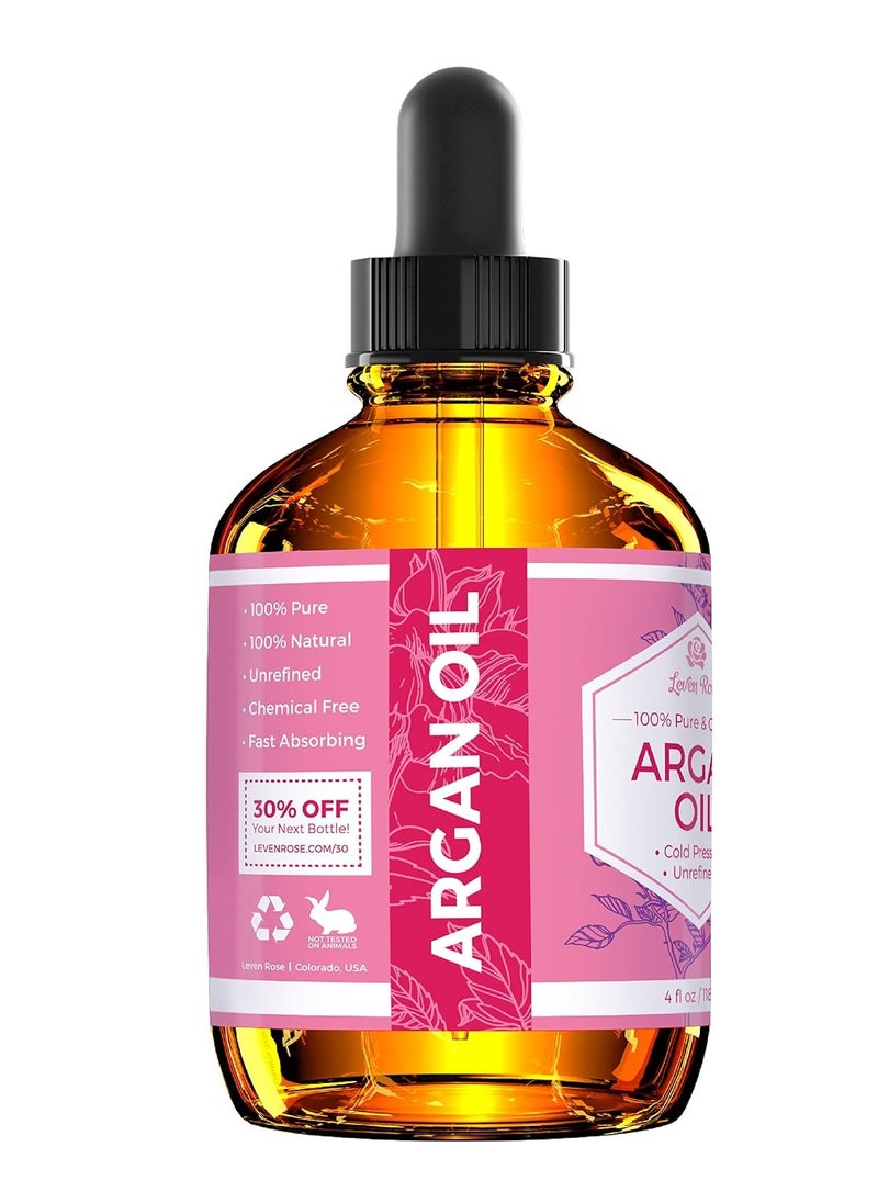 Leven Rose Argan Oil for Face, Hair and Skin - 4 oz 100% Pure Moroccan Cold-Pressed Organic