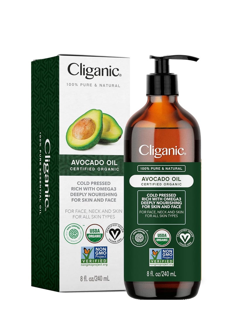 Cliganic Organic Avocado Oil, 100% Pure (8oz) - for Skin & Hair, Nourishing Carrier Oil for Face & Body