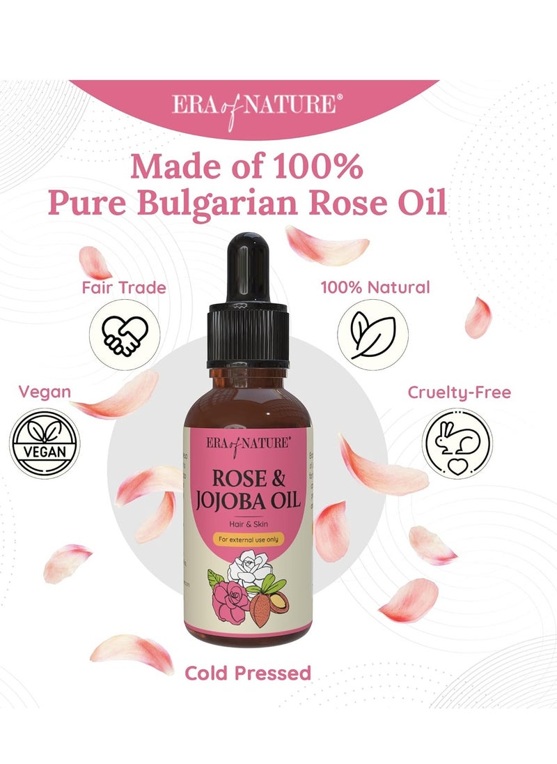 Rose and Jojoba Oil - 100% Cold-Pressed Pure Rose and Jojoba Oil for Hair, Skin, Lips, Acne, and Beard Care - 1oz