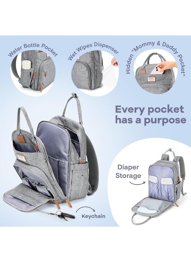 RUVALINO Diaper Bag Backpack, Multifunction Travel Back Pack Maternity Baby Changing Bags, Large Capacity, Waterproof and Stylish, Gray