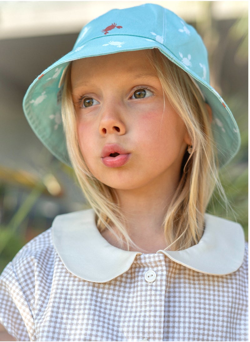 Light Blue Wide-Brimmed Panama Hat with Crab Print – High Crown, Soft Cotton Satin, Lightweight, Breathable, Wrinkle-Resistant, Comfortable for All-Day Wear