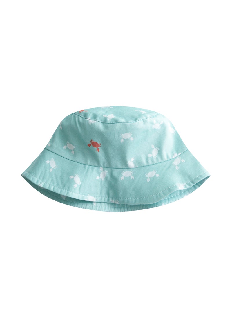 Light Blue Wide-Brimmed Panama Hat with Crab Print – High Crown, Soft Cotton Satin, Lightweight, Breathable, Wrinkle-Resistant, Comfortable for All-Day Wear