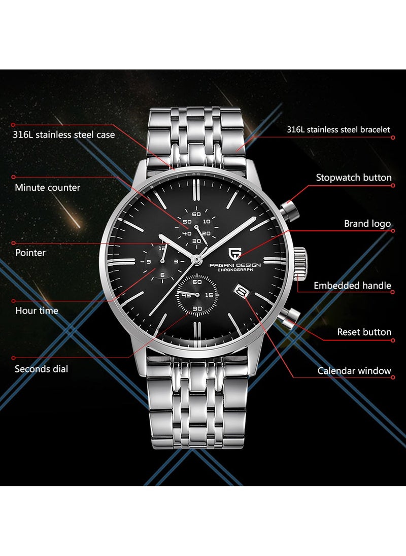 PAGANI DESIGN Luxury Men's Watches Stainless Steel Waterproof Quartz Wrist Watch for Men Chronograph Stop Watch Auto Date