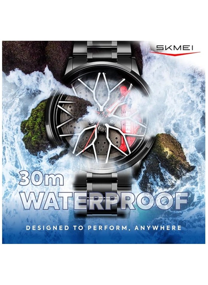 SKMEI Men's Sports Watch 3D Hollow Wheel Design Stainless Steel Watch Waterproof Car Wheel Rolling Spinning Dial Watch 1990D