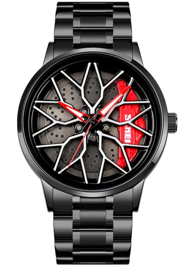SKMEI Men's Sports Watch 3D Hollow Wheel Design Stainless Steel Watch Waterproof Car Wheel Rolling Spinning Dial Watch 1990D