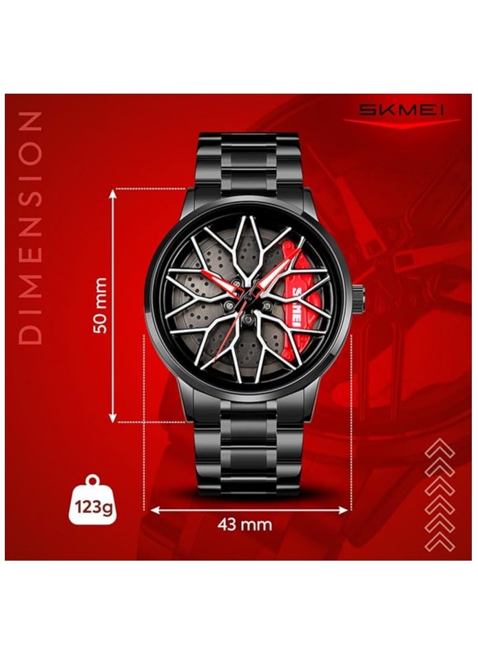 SKMEI Men's Sports Watch 3D Hollow Wheel Design Stainless Steel Watch Waterproof Car Wheel Rolling Spinning Dial Watch 1990D