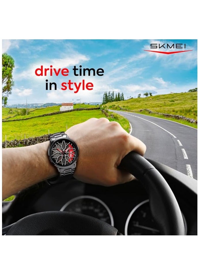 SKMEI Men's Sports Watch 3D Hollow Wheel Design Stainless Steel Watch Waterproof Car Wheel Rolling Spinning Dial Watch 1990D