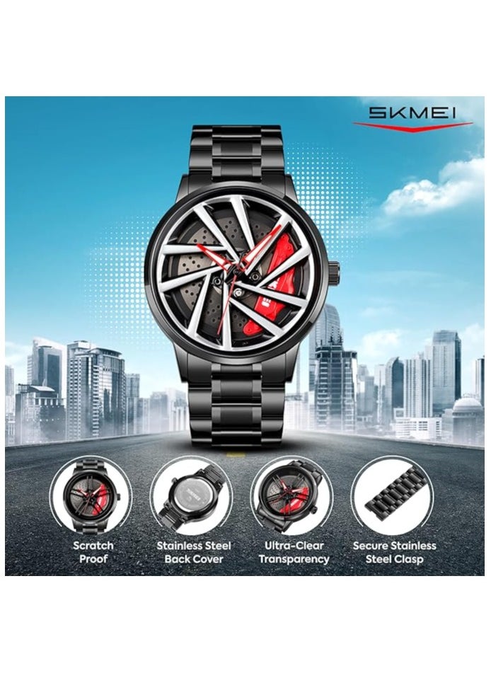 SKMEI Men's Sports Watch 3D Hollow Wheel Design Stainless Steel Watch Waterproof Car Wheel Rolling Spinning Dial Watch 1990C