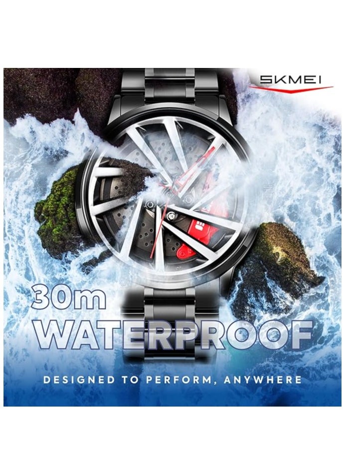 SKMEI Men's Sports Watch 3D Hollow Wheel Design Stainless Steel Watch Waterproof Car Wheel Rolling Spinning Dial Watch 1990C