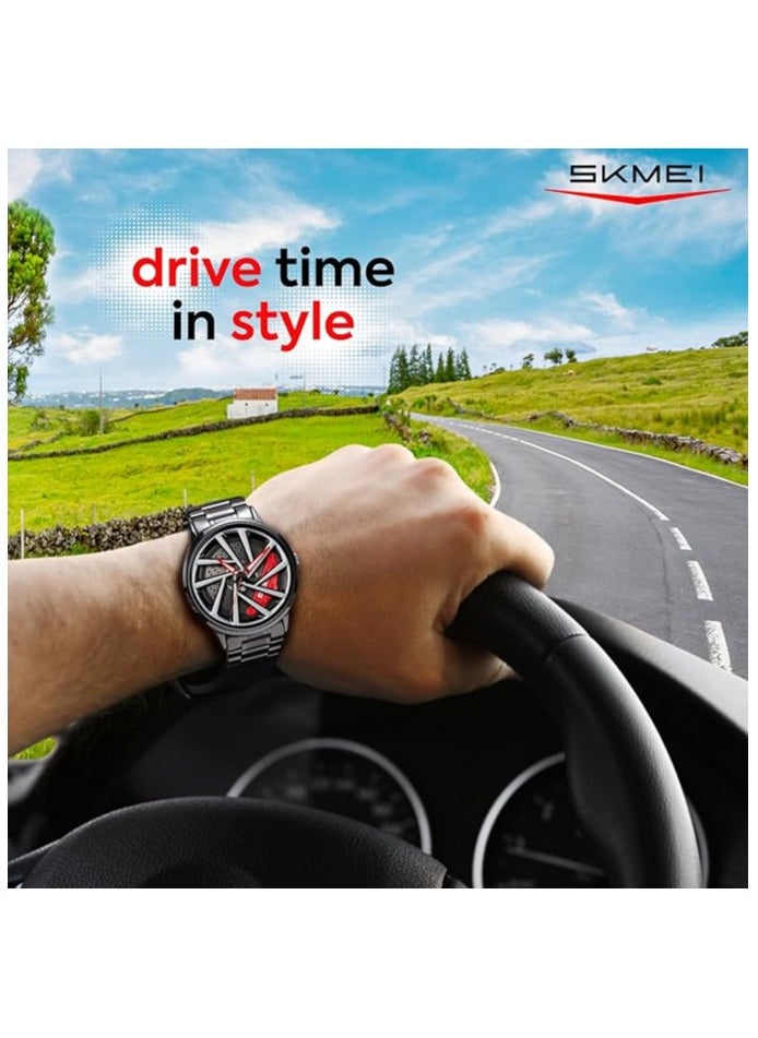 SKMEI Men's Sports Watch 3D Hollow Wheel Design Stainless Steel Watch Waterproof Car Wheel Rolling Spinning Dial Watch 1990C
