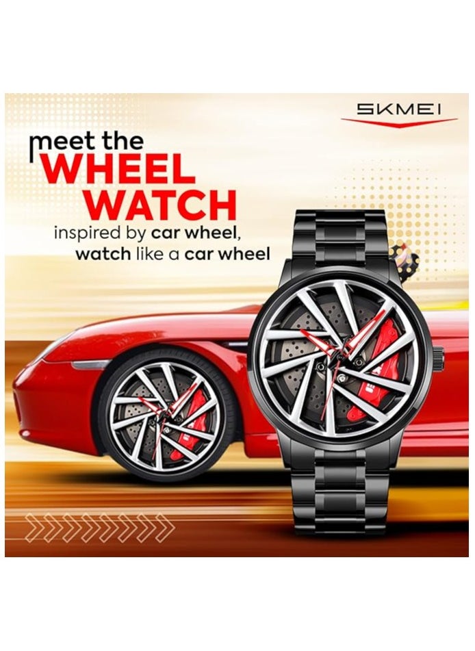 SKMEI Men's Sports Watch 3D Hollow Wheel Design Stainless Steel Watch Waterproof Car Wheel Rolling Spinning Dial Watch 1990C