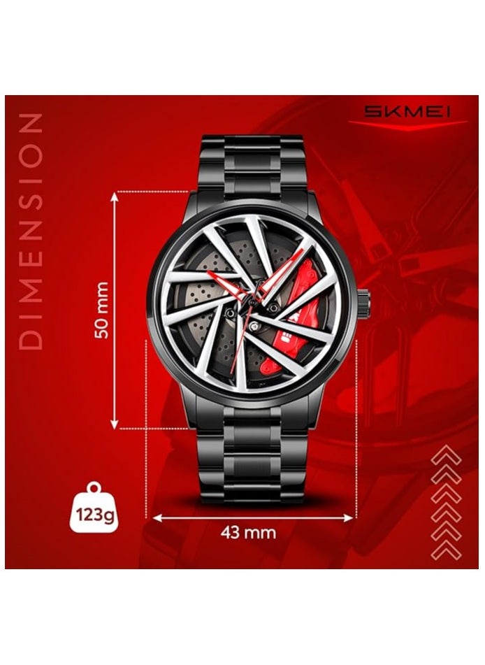SKMEI Men's Sports Watch 3D Hollow Wheel Design Stainless Steel Watch Waterproof Car Wheel Rolling Spinning Dial Watch 1990C