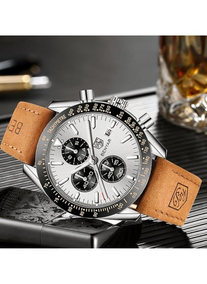 Mens Watch Waterproof Chronograph Date Watch for Men Brown Leather Strap Quartz Movement Analog Watch Business Casual Gift for Men