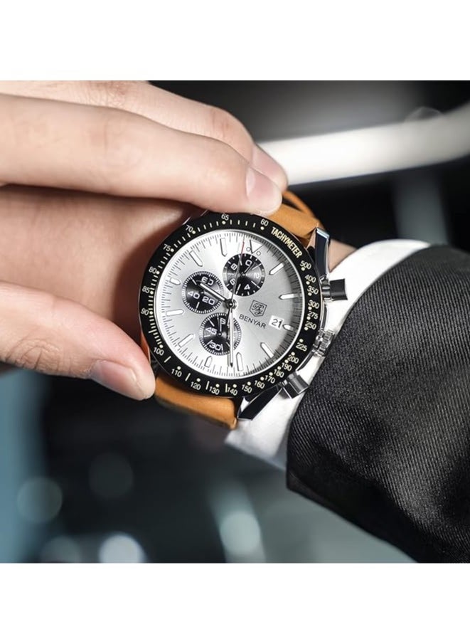 Mens Watch Waterproof Chronograph Date Watch for Men Brown Leather Strap Quartz Movement Analog Watch Business Casual Gift for Men
