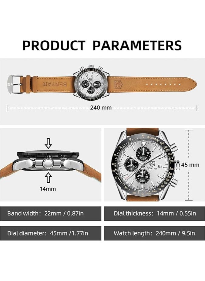 Mens Watch Waterproof Chronograph Date Watch for Men Brown Leather Strap Quartz Movement Analog Watch Business Casual Gift for Men