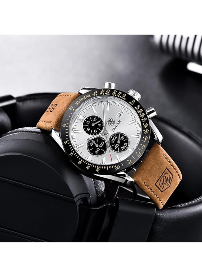 Mens Watch Waterproof Chronograph Date Watch for Men Brown Leather Strap Quartz Movement Analog Watch Business Casual Gift for Men