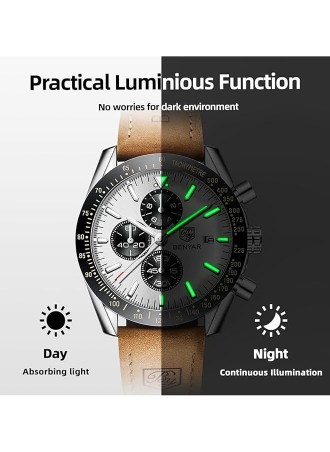 Mens Watch Waterproof Chronograph Date Watch for Men Brown Leather Strap Quartz Movement Analog Watch Business Casual Gift for Men