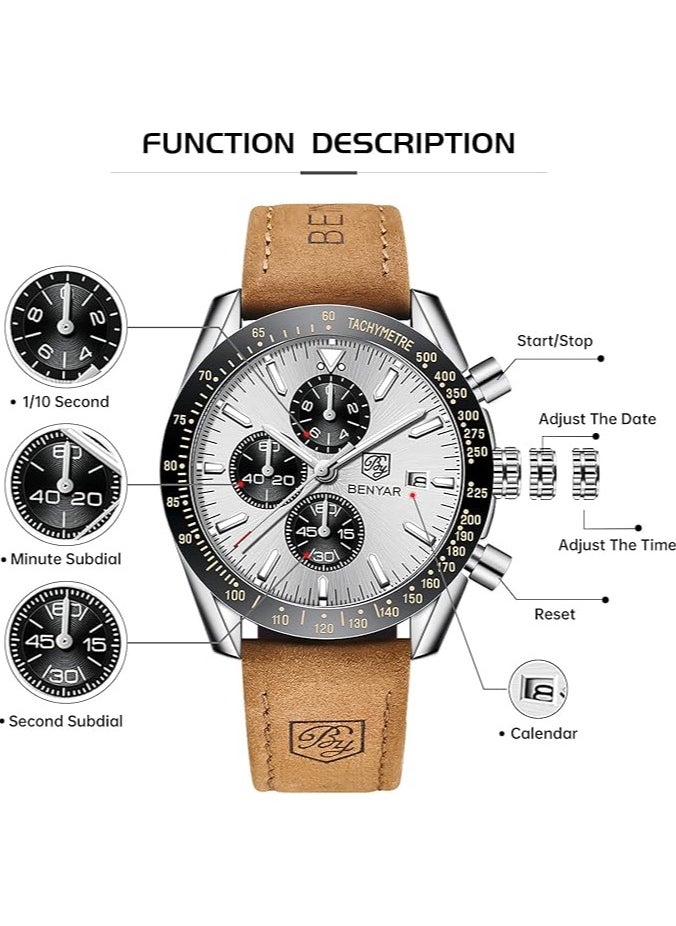 Mens Watch Waterproof Chronograph Date Watch for Men Brown Leather Strap Quartz Movement Analog Watch Business Casual Gift for Men