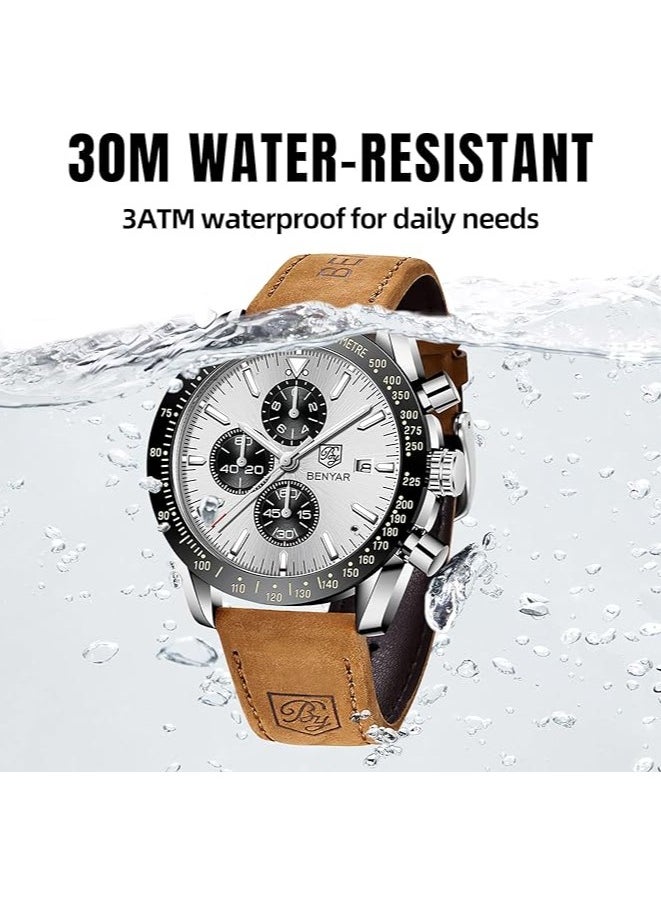 Mens Watch Waterproof Chronograph Date Watch for Men Brown Leather Strap Quartz Movement Analog Watch Business Casual Gift for Men