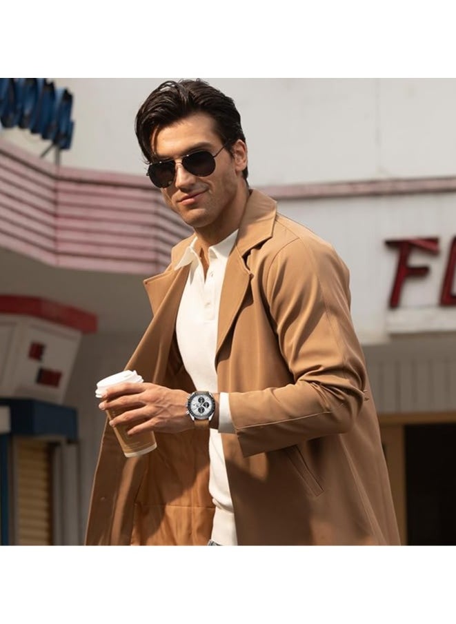 Mens Watch Waterproof Chronograph Date Watch for Men Brown Leather Strap Quartz Movement Analog Watch Business Casual Gift for Men
